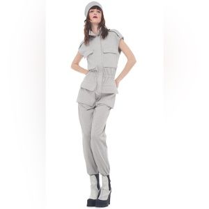 Norma Kamali Grey Cargo Stretch Jersey Jumpsuit Size Small